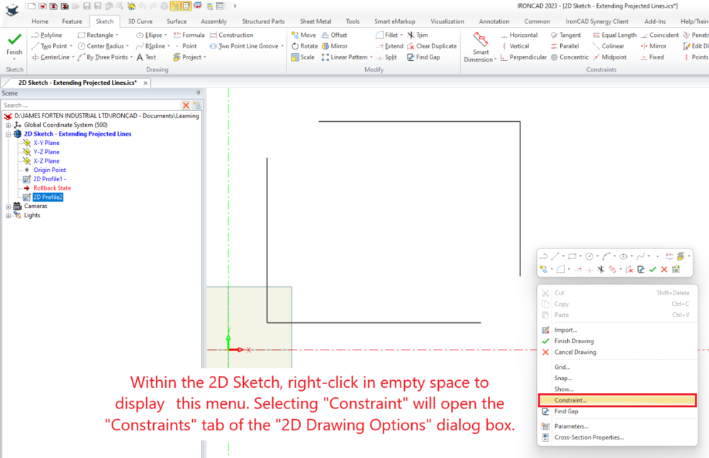 2D Sketch - Extending Projected Lines - Right Click - Constraint.png