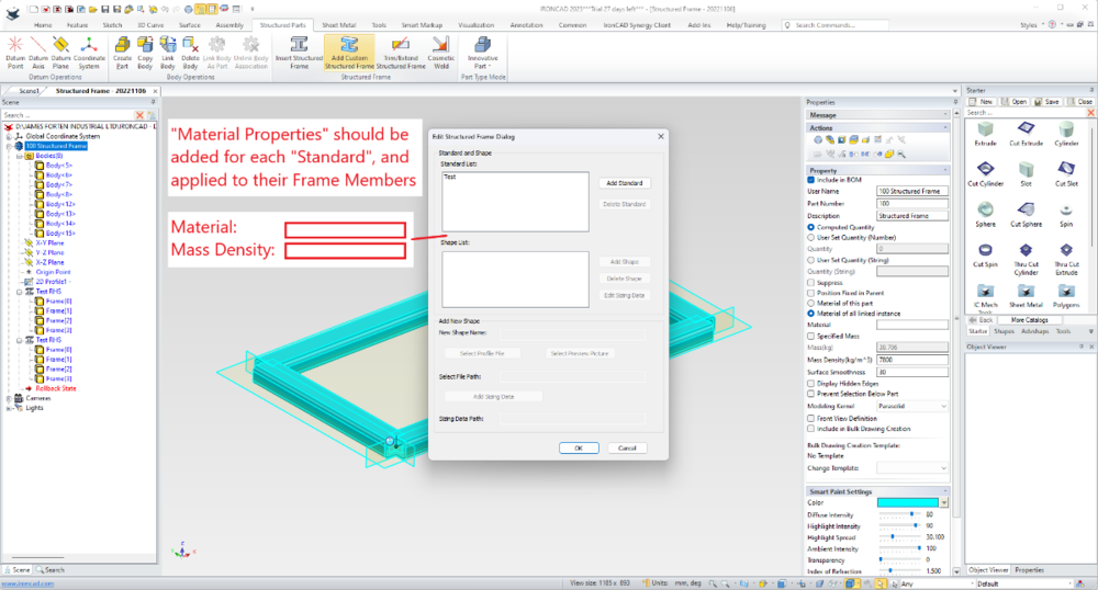 IRONCAD 2023 Beta - Structured Frame - Custom Dialog Box - Material Properties.png